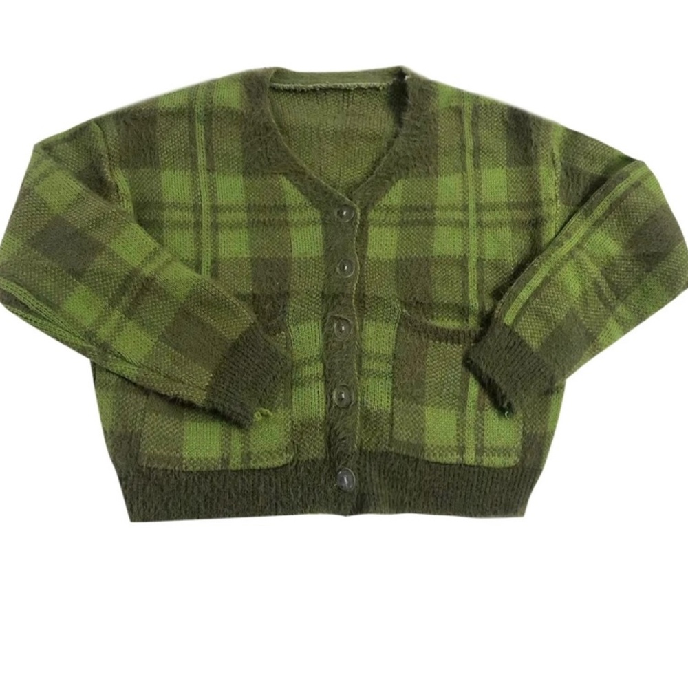 Green Plaid Knit Cardigan